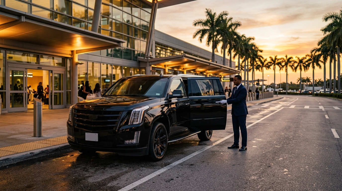 Black Cadillac Escalade with chauffeur waiting curbside at Fort Lauderdale–Hollywood International Airport