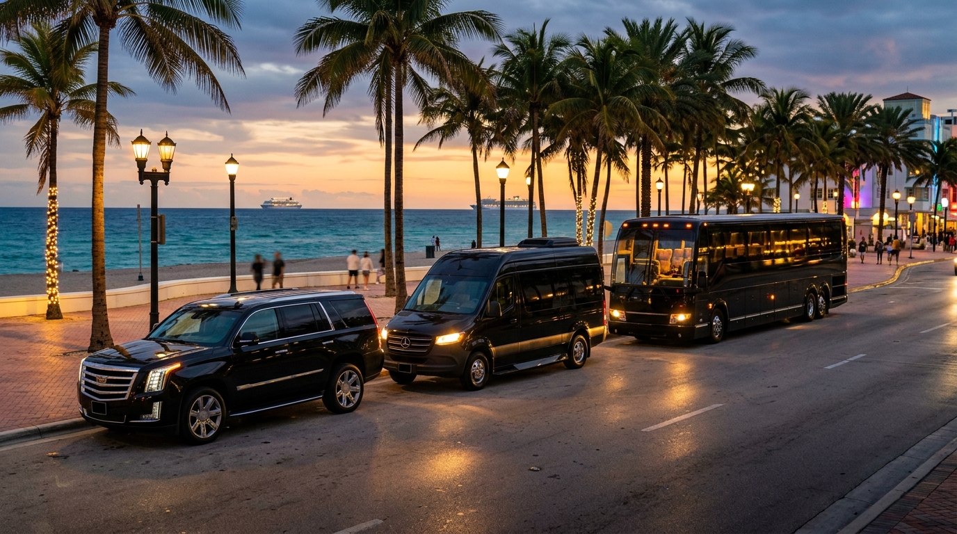 Black Cadillac Escalade, Sprinter van and motorcoach lined up on a palm-lined oceanfront boulevard in South Florida at dusk