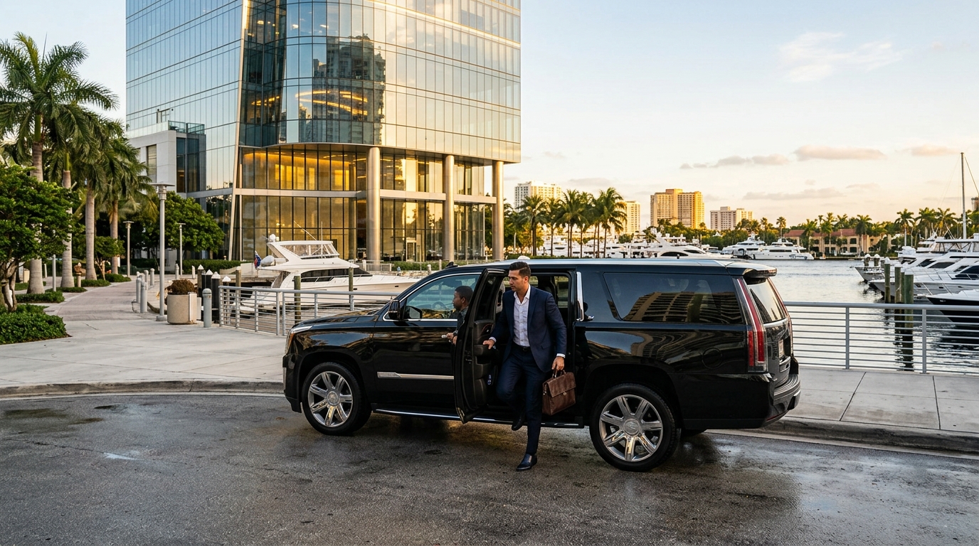 Executive stepping out of a black luxury SUV outside an office tower on the Fort Lauderdale waterfront